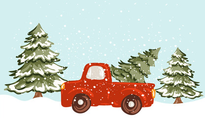 Watercolor Christmas winter landscape with red truck and trees. Vector illustration