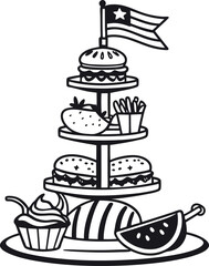 Hand-drawn vector illustration of a sweet chocolate birthday cake with cherry decoration