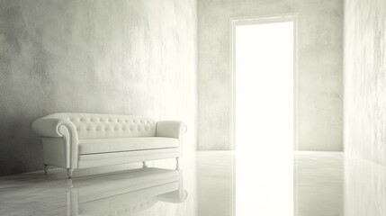 A pristine white sofa sits in a minimalist, bright room with a door leading to a brilliantly lit space. The polished floor reflects the furniture
