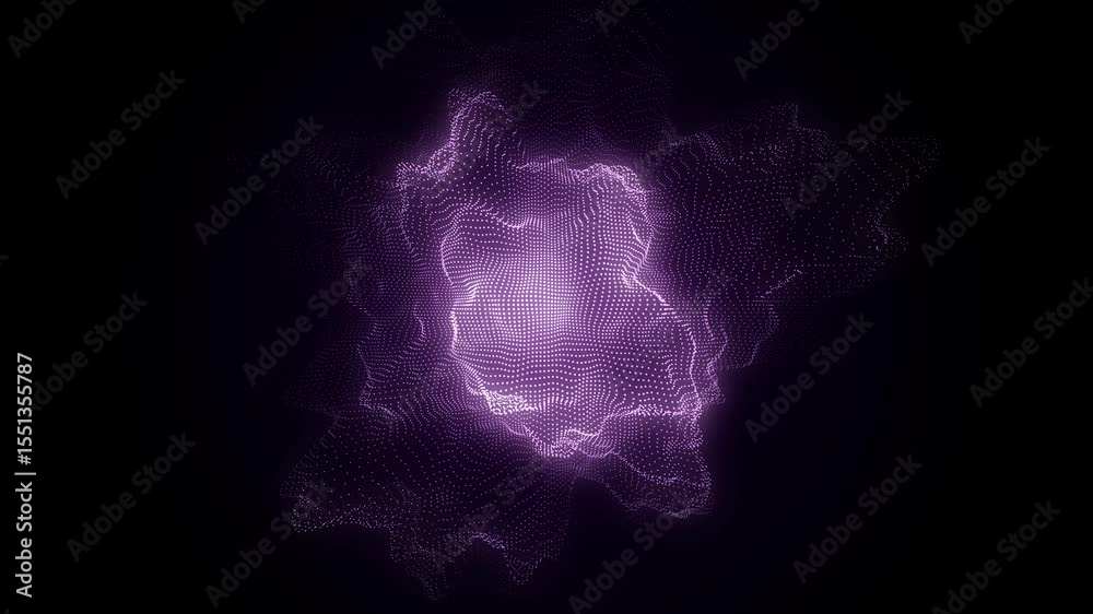 Poster digital technology wave. dark cyberspace with purple motion dots. explosion of a wave of particles i