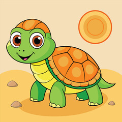 Cartoon Turtle on the Sand: A cheerful cartoon turtle with an orange shell and green skin is seen walking on a sandy beach under a bright sun.