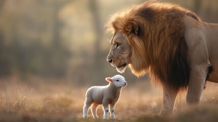 A majestic lion closely interacts with a small lamb in a serene environment, symbolizing an extraordinary bond of peace and coexistence in the heart of nature's beauty.