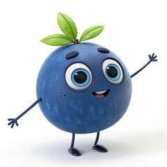 Cheerful Blueberry Cartoon Character with Big Eyes and Leaves on White Background