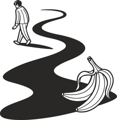 Yellow cartoon man walking on road with banana fruit logo design