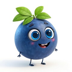 Cheerful Blueberry Cartoon Character with Big Eyes and Leaves on White