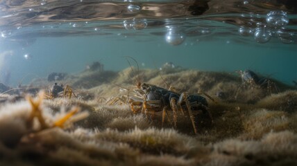 Fototapeta premium Underwater view of crayfish among algae in a freshwater habitat