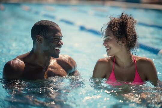 African couple smiling in swimming pool, man shirtless and woman in pink swimsuit, symbolizing joy, connection, wellness, leisure, fitness, and summer lifestyle in a refreshing outdoor setting