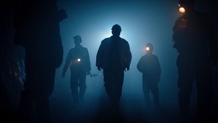 Miners, silhouetted at a mineshaft’s entrance, stand bathed in ethereal subterranean light; shadows, coal dust, and dim lanterns evoke mystery, hardship, resilience, and the haunting beauty of life be
