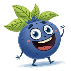 Cheerful Blueberry Character Walking with Leaves on White Background