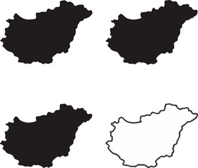 Four vector silhouettes and outlines depicting the geographic outline of hungary including solid black and white variations