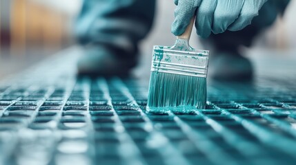 A close-up image of a hand using a brush to paint a textured floor, showcasing the vibrant blue paint being applied with care and attention to detail.
