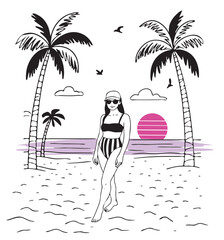palm landscape, girl in bikini and pink sunset vector sketch. tropical landscape, ocean shore vector sketch