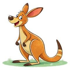 Cheerful Brown Kangaroo Cartoon Standing on Green Grass with a White Background