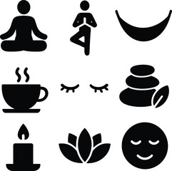 Black silhouette icon set for National Relaxation Day. Solid black vector pictograms featuring person meditating, yoga pose, hammock, cup of tea, closed eyes, spa stones, candle, lotus flower, peacefu