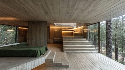 Minimalist concrete and wood house interior with large windows showcasing a forest view and built-in staircase