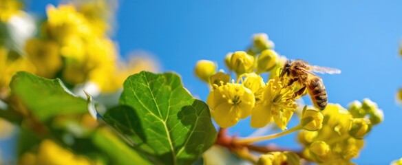 The buzzing bee pollinating bright yellow flowers under a clear blue sky.