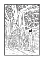 banyan vector sketch tropical landscape.  girl and tropical landscape vector hand drawn	
