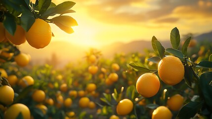 Golden sunlight illuminates a vast citrus orchard with ripe oranges on trees