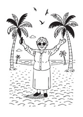 ocean shore vector sketch, old woman on the beach vector hand drawing