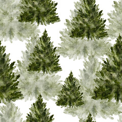 Seamless pattern with watercolor Christmas trees and green pine forest background. Vector illustration