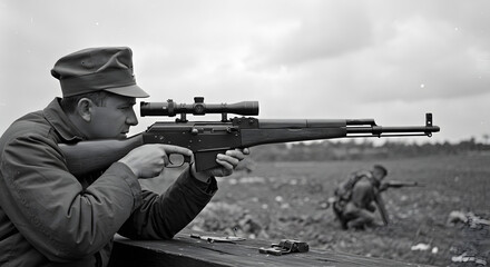 Soldier aims sniper rifle alongside comrade in field monochrome image