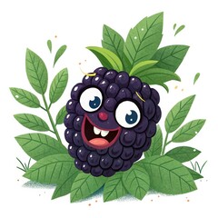 Cheerful Cartoon Blackberry Character with Big Smile Among Green Leaves on Transparent