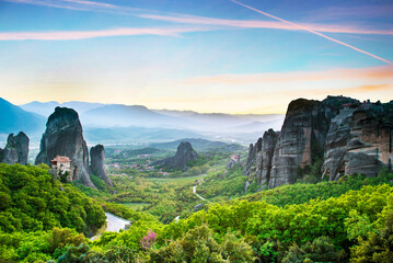 magnificent magical landscape in the famous valley of the Meteora rocks in Greece at sunset. Great amazing world. Attractions.