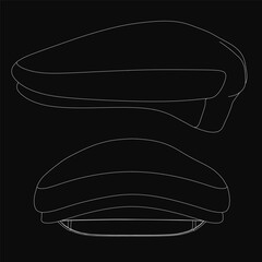 Black and white line drawing of a stylish hat outlined in crisp white against a dark background. The minimalist design features clean edges and bold contrast, creating a striking visual.