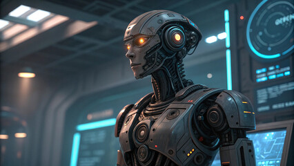 Fototapeta premium Advanced humanoid robot with glowing orange eyes in a futuristic laboratory setting