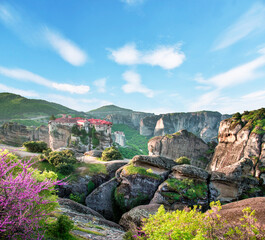 magnificent magical landscape in the famous valley of the Meteora rocks in Greece at sunset. Great amazing world. Attractions.