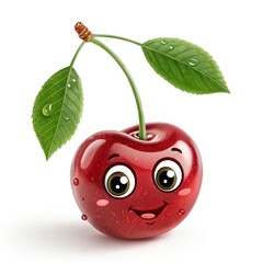 Cheerful Cartoon Cherry with Green Leaves and Water Droplets on White Background