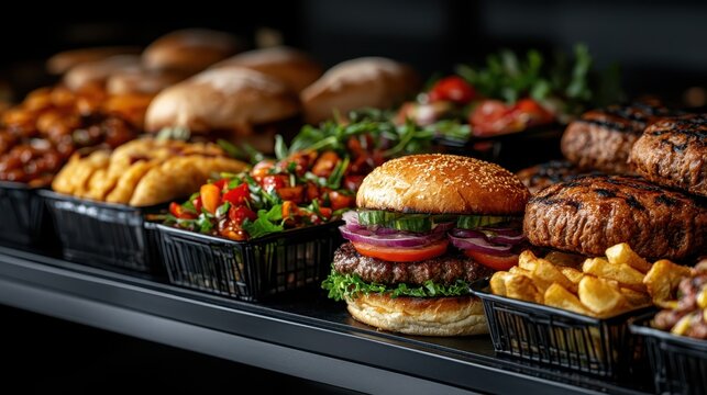 An appetizing display featuring a gourmet burger alongside fresh salads and crispy sides, highlighting the art of food presentation and culinary delight for food lovers.