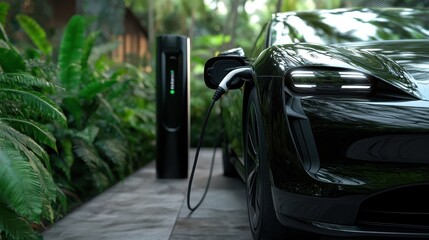 A modern electric vehicle is connected to a charging station, nestled in a lush green environment, symbolizing the future of sustainable transportation and eco-friendly technology.