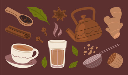 Masala Chai Ingredients and Indian Tea Illustration