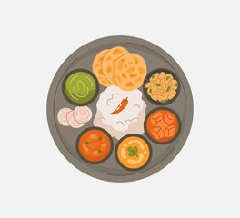 Indian Thali Platter with Rice, Curries and Sides