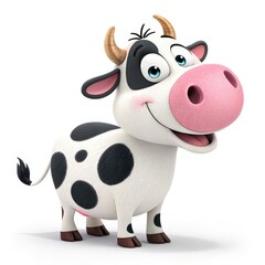 Cheerful Cartoon Cow Character with Pink Nose and Black Spots, White Background