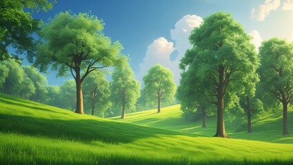 Obraz premium Lush green meadow with towering trees under a bright sky.