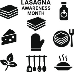 Black silhouette icon set for Lasagna Awareness Month. Solid black vector pictograms featuring layered lasagna slice, pasta sheets, tomato sauce, cheese, oven mitt, serving plate, fork, basil leaf, ki