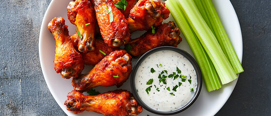 Spicy Chicken Wings with Celery Sticks and Ranch Dressing on a Plate