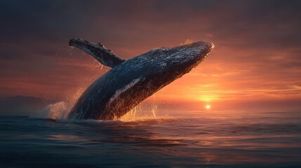 Fototapeta premium Large Marine Mammal Jumping in Ocean at Sunset