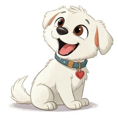 Cheerful Cartoon Dog Character with Heart Collar, White Fur on Transparent