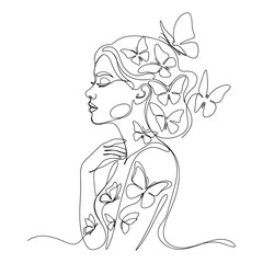 Woman profile with butterflies in hair and on body line art