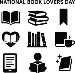 Black silhouette icon set for National Book Lovers Day. Solid black vector pictograms featuring open book, stack of books, reading glasses, bookmark, heart with book, library shelf, book and coffee cu
