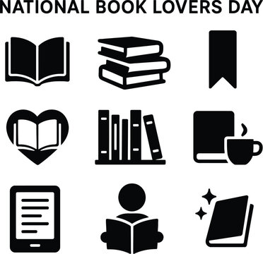 Black silhouette icon set for National Book Lovers Day. Solid black vector pictograms featuring open book, stack of books, reading glasses, bookmark, heart with book, library shelf, book and coffee cu