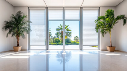Bright modern interior with self adjusting window shades and lush greenery