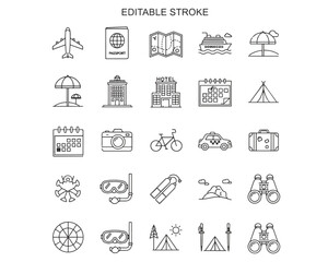 60 Travel & Vacation Line Icons – Editable Stroke Vector Pack for Tourism, Holiday, and Adventure Design