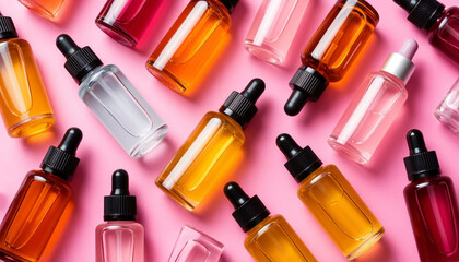 Beauty and youth serum in bottles in assortment.