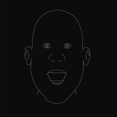 A black and white contour line drawing of a man's face with an open mouth, set against a stark black background. The minimalist design emphasizes clean, flowing lines and high contrast.