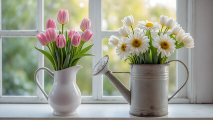 Bright pink tulips and delicate white daisies arranged in a ceramic pitcher and watering can on a sunlit windowsill indoors