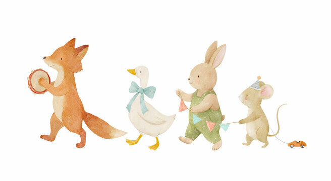 Watercolor parade of cute forest animals with balloons and instruments, perfect for nursery art, baby shower invitations, and kids' party decor. Adorable illustration